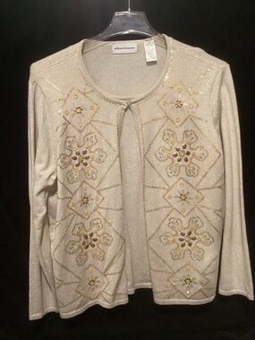 Alfred Dunner Cream Sequin-Accented Open Cardigan With Attached Shell